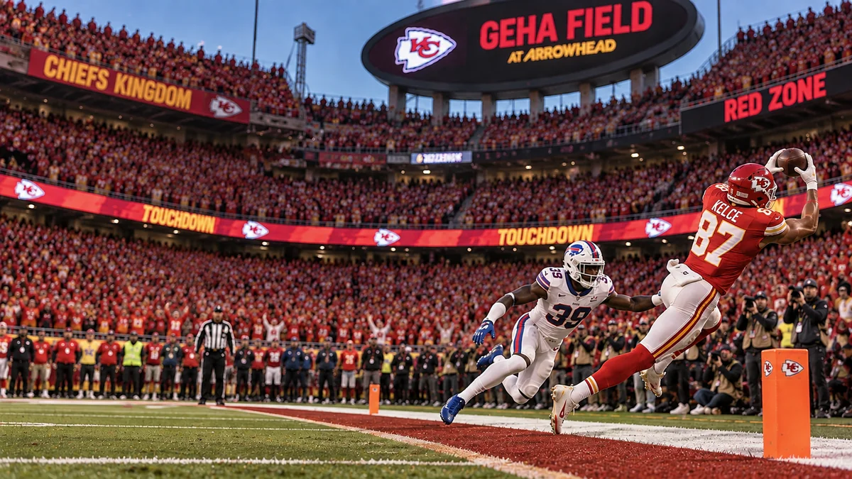 Recebedor de uniforme vermelho dos Chiefs mergulha para pegar um passe na red zone, com a arquibancada lotada ao fundo