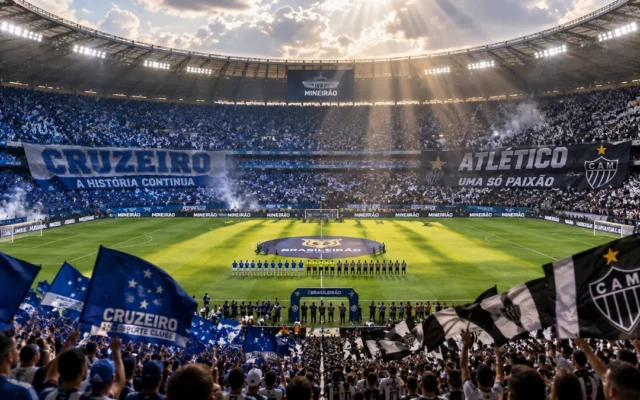 Mineirão lotado antes do clássico, com bandeiras do Cruzeiro e do Atlético-MG nas arquibancadas