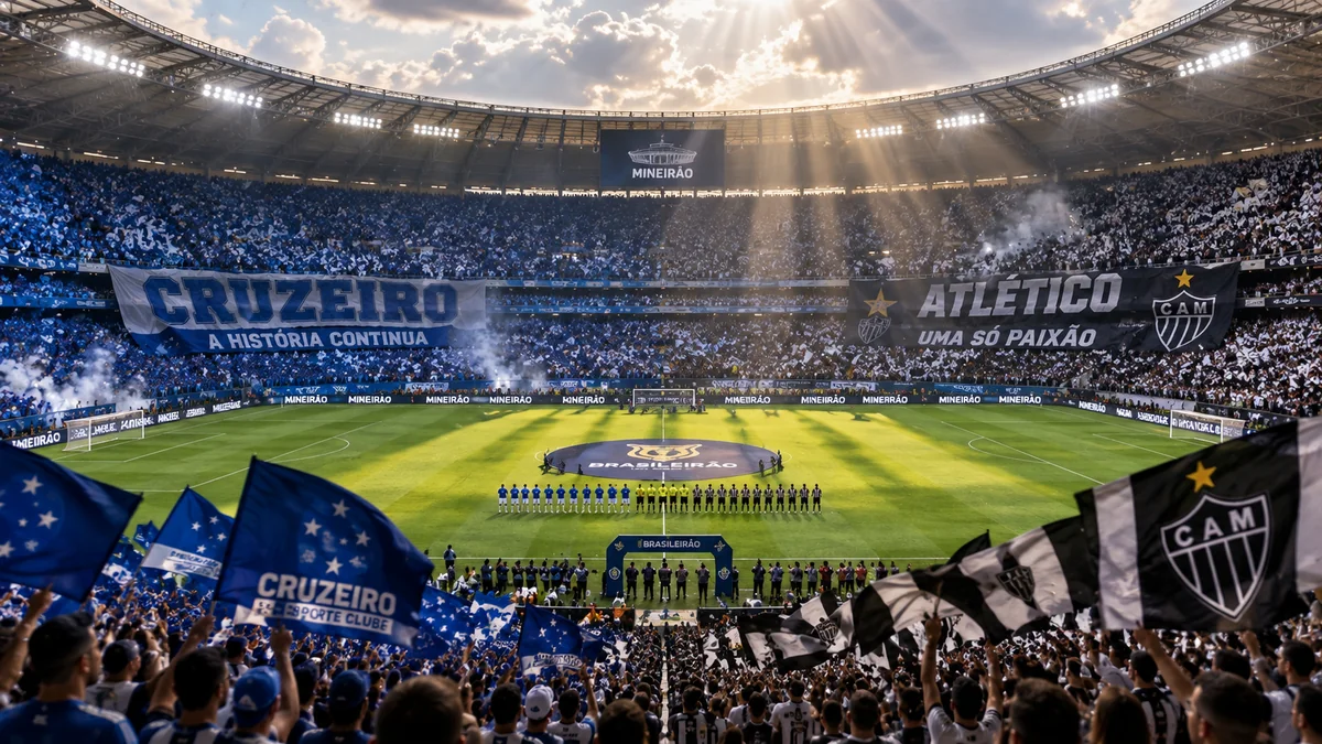 Mineirão lotado antes do clássico, com bandeiras do Cruzeiro e do Atlético-MG nas arquibancadas