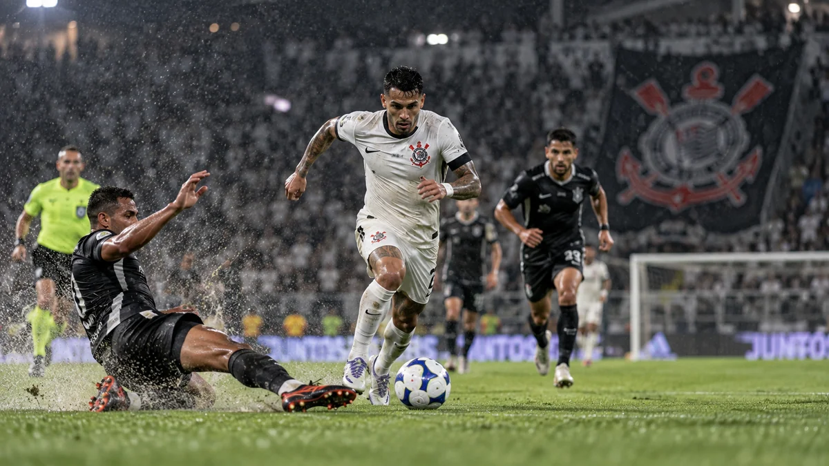Jogador do Corinthians de uniforme branco conduz a bola em gramado molhado enquanto um adversário tenta o carrinho