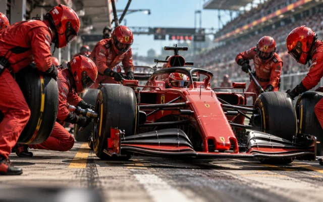 Mecânicos de macacão vermelho trocam os pneus de um carro de Fórmula 1 durante o pit stop
