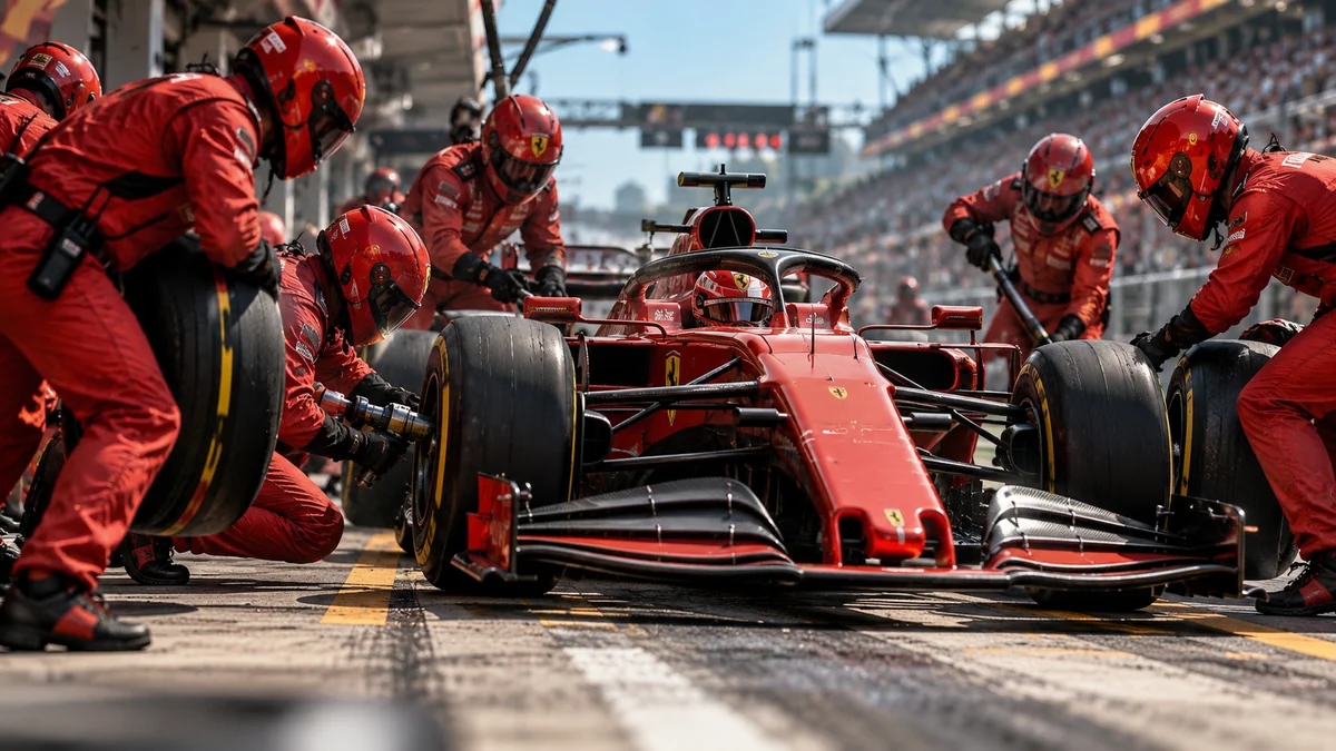 Mecânicos de macacão vermelho trocam os pneus de um carro de Fórmula 1 durante o pit stop