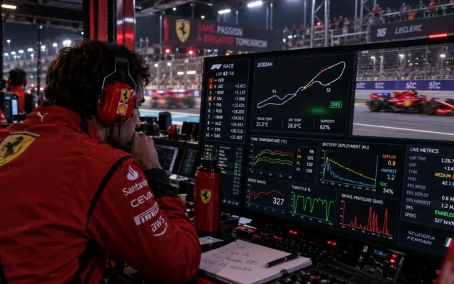 Engenheiro da Ferrari com fone de ouvido acompanha gráficos de telemetria em monitores na garagem