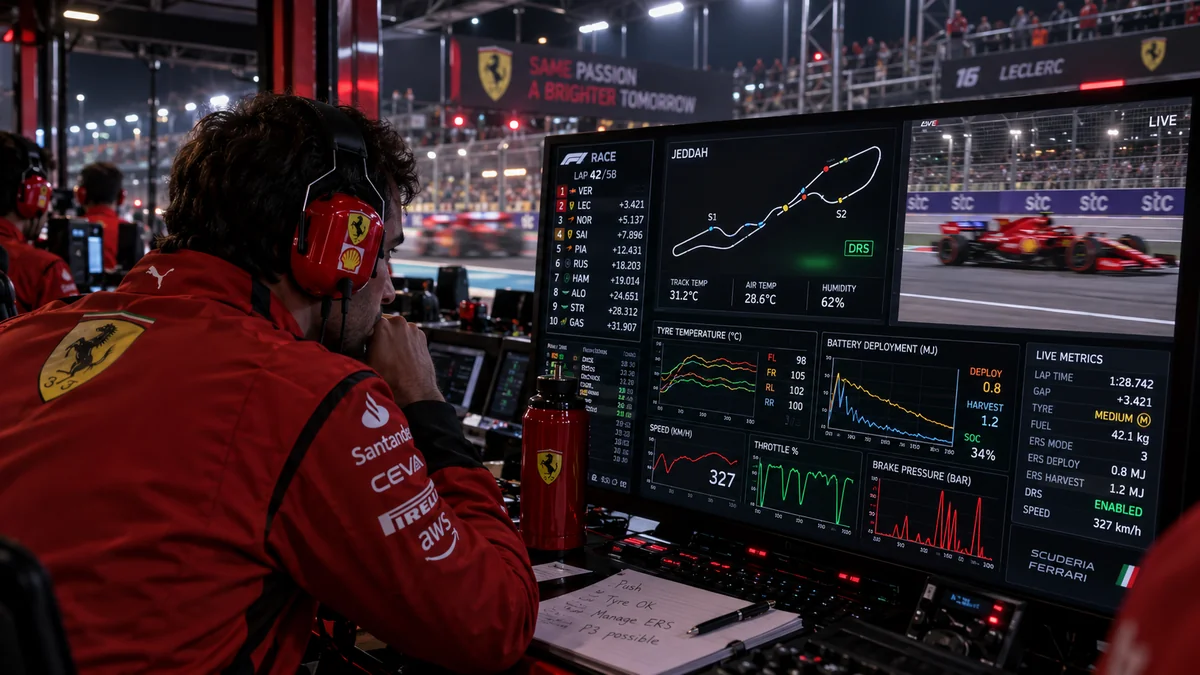 Engenheiro da Ferrari com fone de ouvido acompanha gráficos de telemetria em monitores na garagem