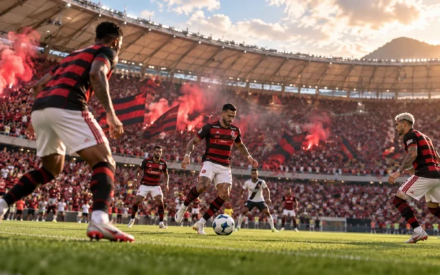 Jogadores do Flamengo de camisa rubro-negra trocam passes no Maracanã lotado, com fumaça vermelha na torcida