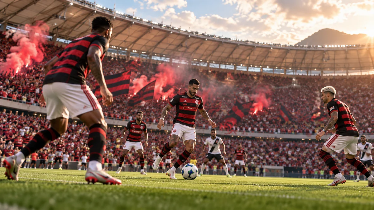 Jogadores do Flamengo de camisa rubro-negra trocam passes no Maracanã lotado, com fumaça vermelha na torcida