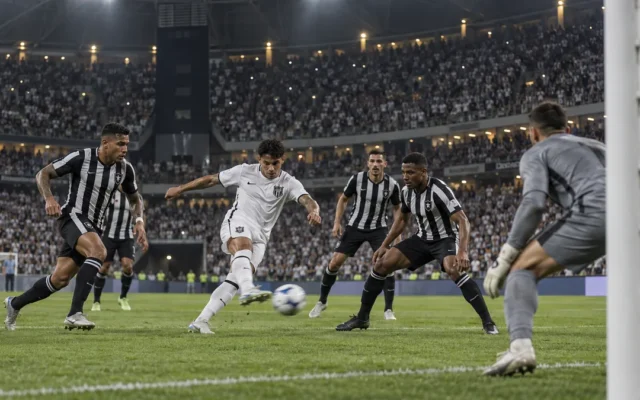 Atacante do Santos, inteiramente de branco, finaliza de trivela entre defensores alvinegros na Arena MRV iluminada e lotada