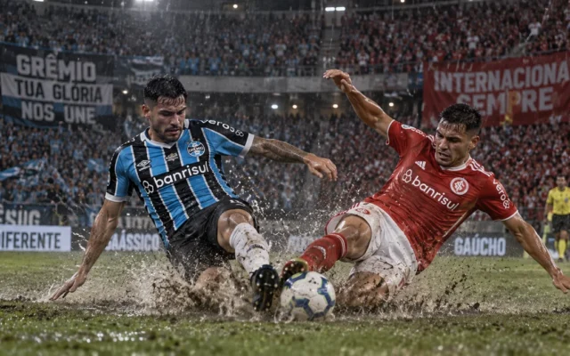 Jogadores de Grêmio e Internacional disputam a bola com carrinhos em gramado encharcado