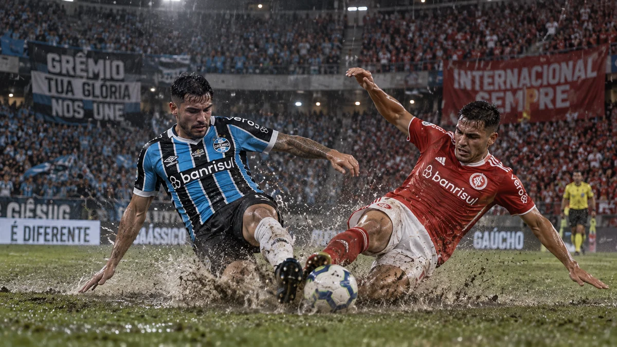 Jogadores de Grêmio e Internacional disputam a bola com carrinhos em gramado encharcado