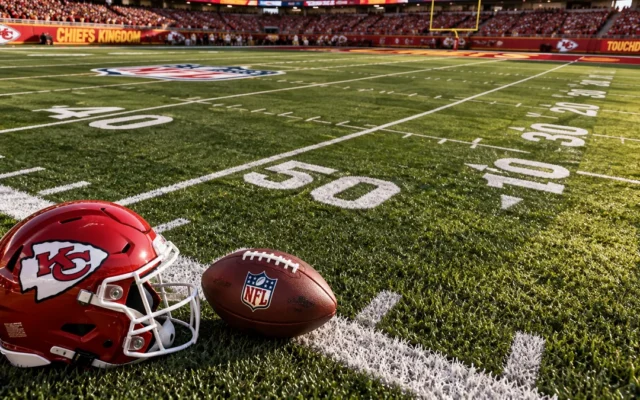 Capacete dos Chiefs e bola de futebol americano no gramado ao lado da marca de 50 jardas