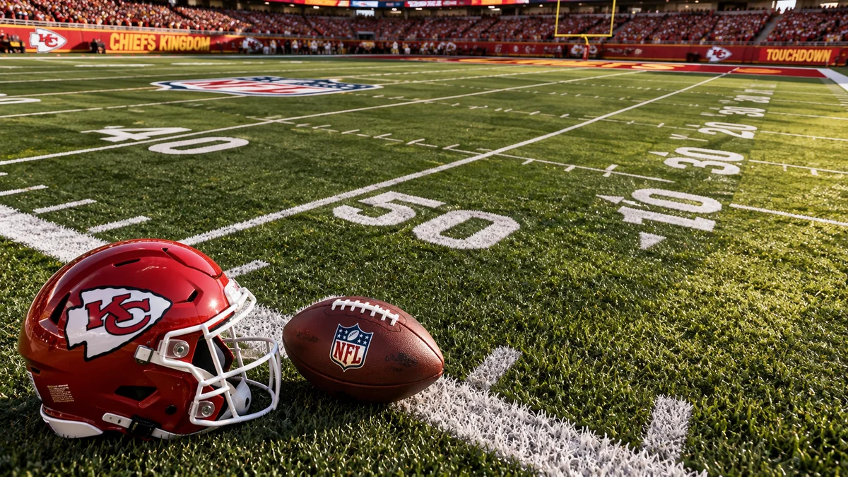 Capacete dos Chiefs e bola de futebol americano no gramado ao lado da marca de 50 jardas
