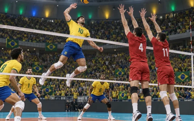 Atletas do Brasil atacam contra bloqueadores de vermelho no Maracanãzinho lotado, sob iluminação dramática e bandeiras brasileiras