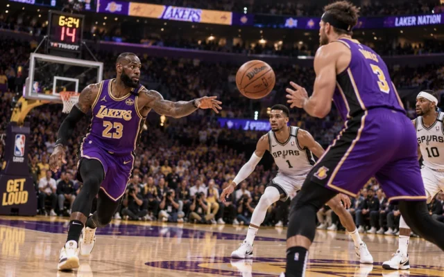 Jogadores dos Lakers de roxo e dourado executam um pick-and-roll contra defensores de branco
