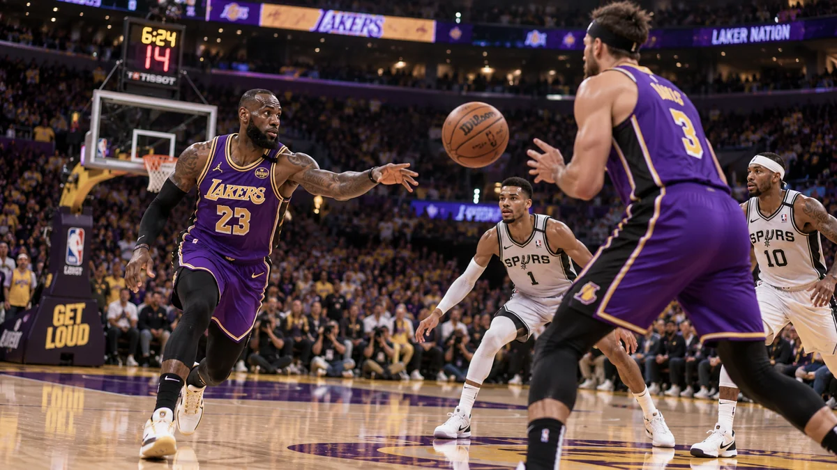 Jogadores dos Lakers de roxo e dourado executam um pick-and-roll contra defensores de branco