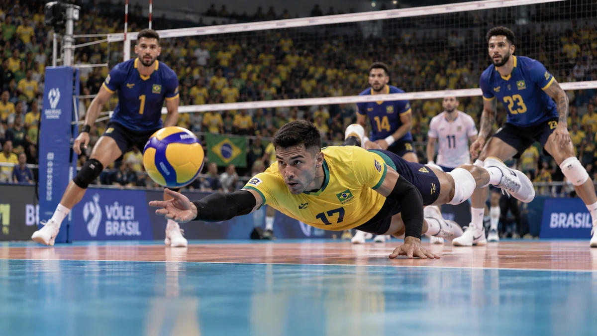 Líbero de camisa amarela mergulha para defender a bola na quadra