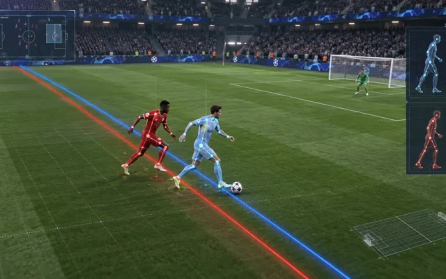 Lance de futebol com linhas virtuais de impedimento em azul e vermelho traçadas sobre o gramado