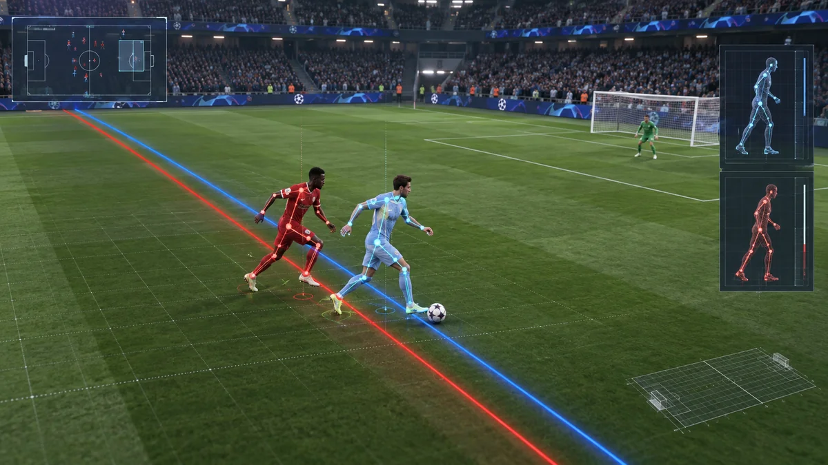 Lance de futebol com linhas virtuais de impedimento em azul e vermelho traçadas sobre o gramado