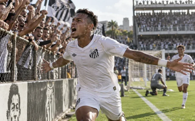 Jovem jogador do Santos de uniforme branco comemora gol diante da torcida na Vila Belmiro