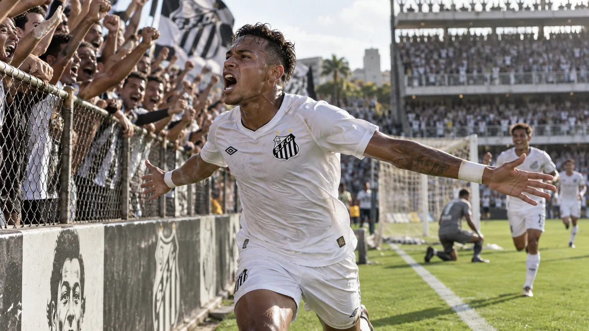 Jovem jogador do Santos de uniforme branco comemora gol diante da torcida na Vila Belmiro