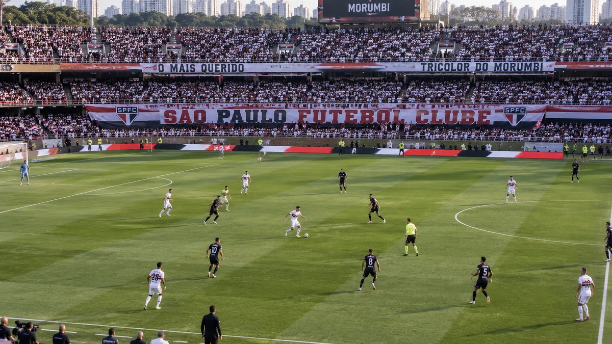Vista do alto do Morumbis com o São Paulo trocando passes no campo de ataque
