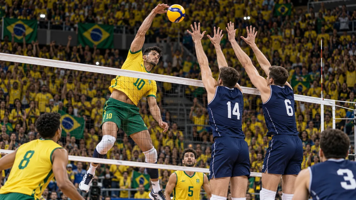 Atacante da Seleção Brasileira salta para cortar a bola contra o bloqueio adversário