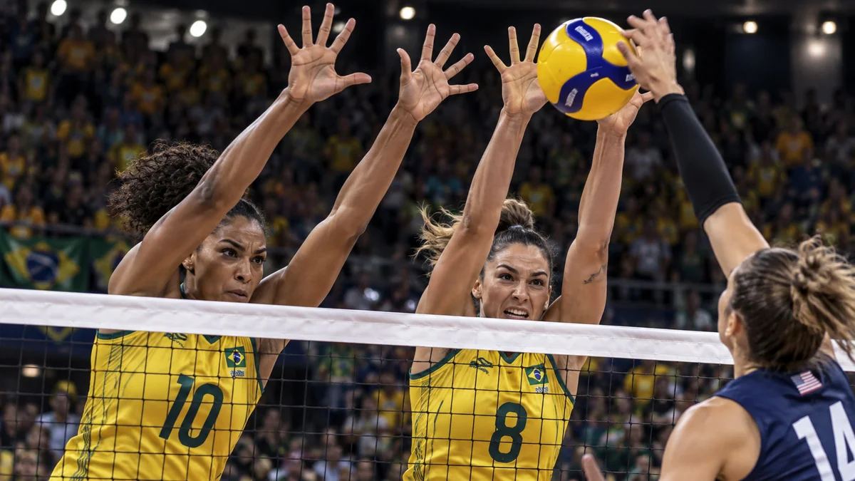 Jogadoras de amarelo formam bloqueio duplo na rede para defender um ataque