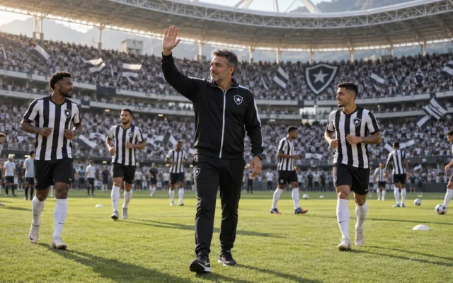 Técnico cumprimenta jogadores do Botafogo no gramado do Nilton Santos, com arquibancadas lotadas e bandeiras alvinegras sob a luz da tarde