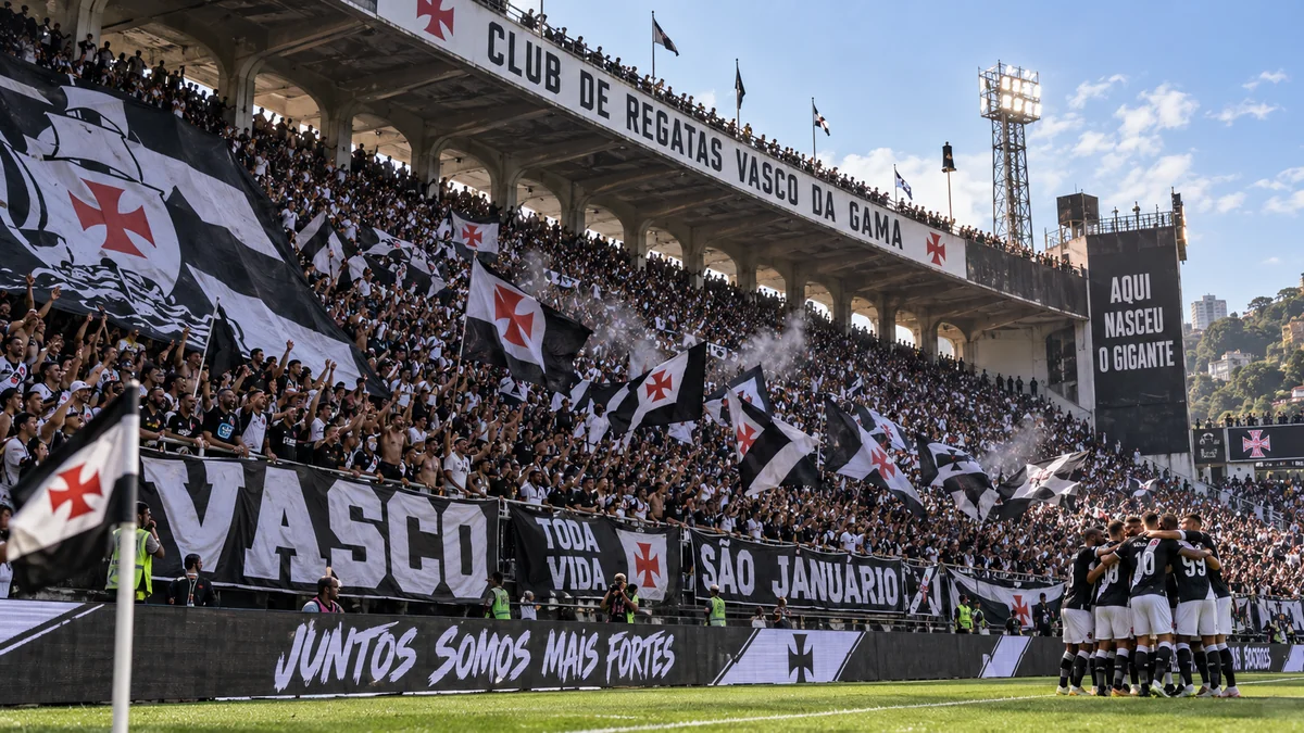 Torcida do Vasco com bandeiras e faixas nas arquibancadas de São Januário